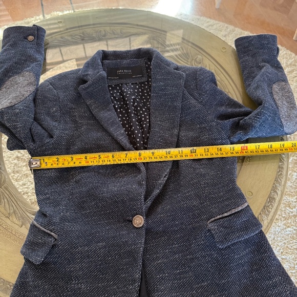 Zara Knit Textured Navy Blazer Star Lining Gray Elbow Patches Size Medium Womens - Picture 5 of 13